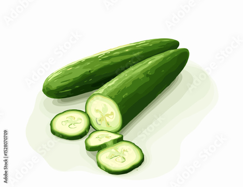 Fresh cucumber with sliced pieces on a white background showcasing its texture