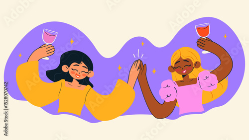 Happy friends celebrating with glasses of wine. International friendship day. Cartoon isolated vector illustration.