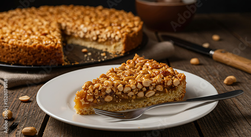 A slice of peanut brittle pie (torta de pé de moleque) with crunchy topping and soft interior, on a white dish with dessert fork, set on a wooden surface with moody light and rustic elements photo