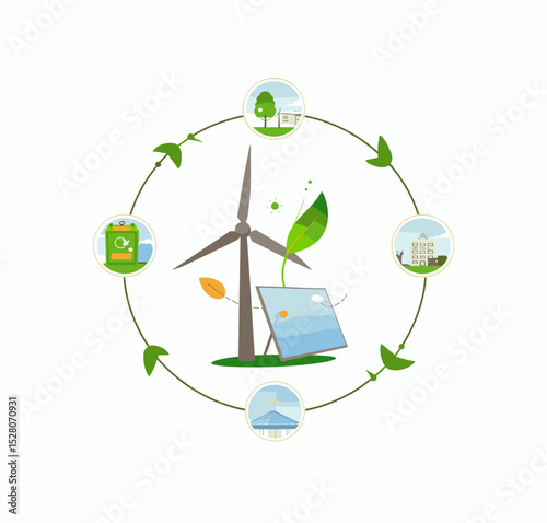 Illustration of renewable energy icons featuring wind turbines, solar panels, and green leaves