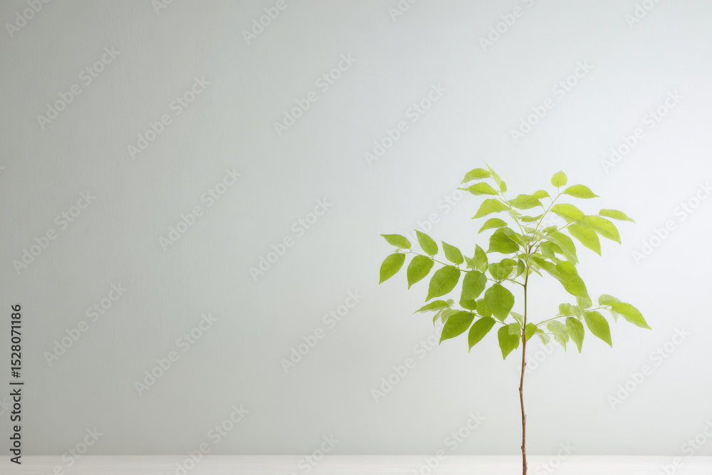 Obraz premium minimalistic depiction of single seedling tree on right side of clean light gray background