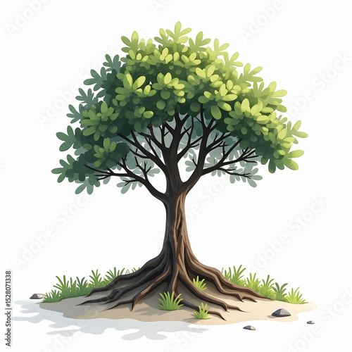 Isolated Tree Illustration with Green Leaves and Root Details