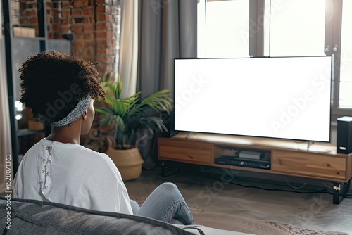 Sharp Image of African American Woman Watching Streaming Service at Home