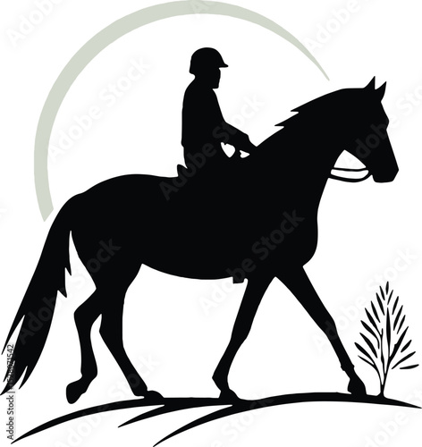 Silhouette of a horseback rider walking calmly through nature, perfect for equestrian and rural lifestyle themes.