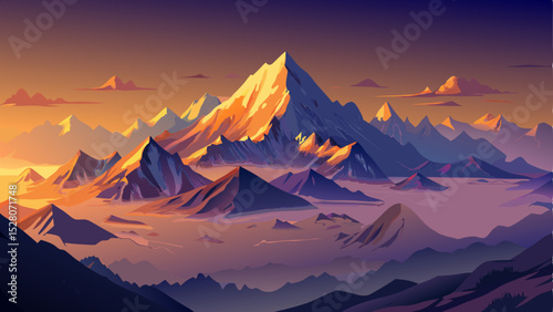 Stunning view of the Himalayas at foggy sunset, with Mt. Everest partially visible through the mist. Dramatic lighting highlights the majestic peaks, creating a mysterious and breathtaking atmosphere