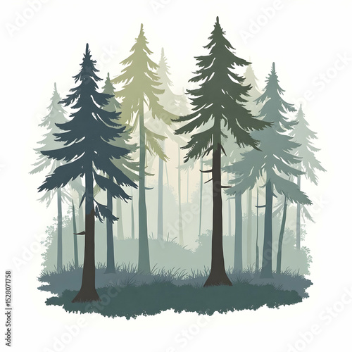 Pine Tree Forest in Mist Illustration Forest Landscape