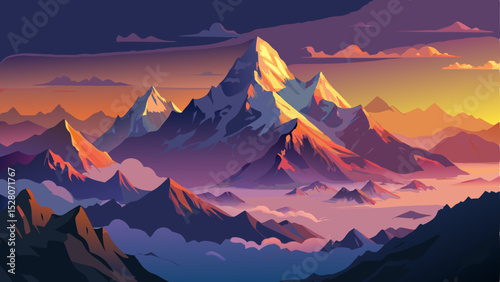 Stunning view of the Himalayas at foggy sunset, with Mt. Everest partially visible through the mist. Dramatic lighting highlights the majestic peaks, creating a mysterious and breathtaking atmosphere
