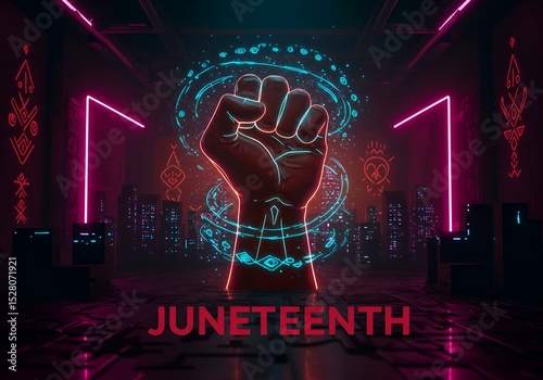 Juneteenth Celebration with Raised Fist and Cityscape