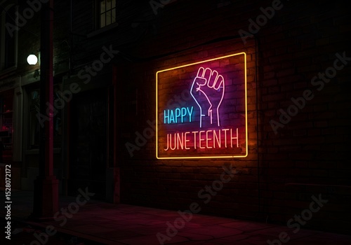 Happy Juneteenth Neon Sign on Brick Wall at Night