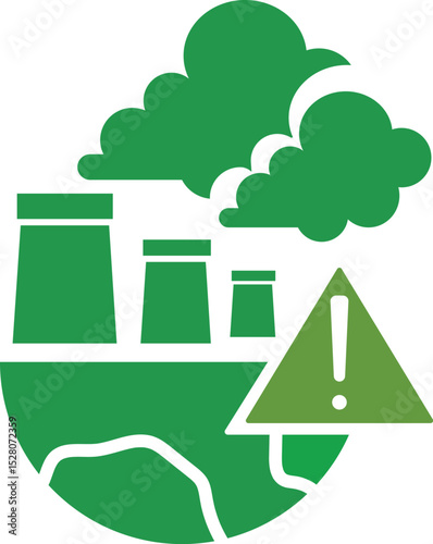 air pollution icon. green icon with a warning sign highlighting the issue of air quality and pollutiona. Vector illustration