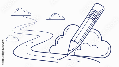 Pencil Draws a Winding Road Through Clouds, Illustration.