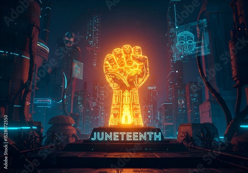 Juneteenth Celebration with Glowing Fist Statue in Futuristic Cityscape