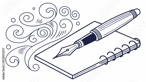 Fountain Pen on Notepad with Swirling Inspiration, Line Art Illustration