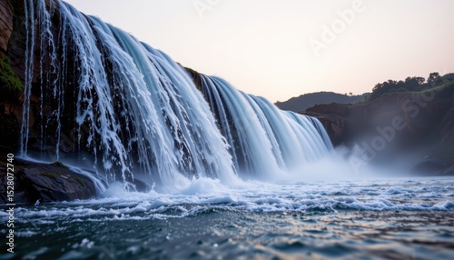 Majestic Waterfall Cascading into A Serene River Surrounded by Lush Greenery at Dusk