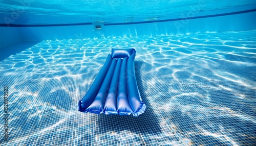 photo of a blue air mattress floating in a swimming pool on sunny day in summer time