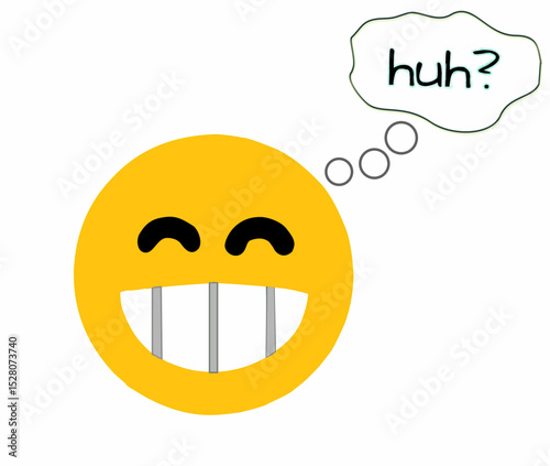 happy smiley face with speech bubble, showing his teeth and the text "huh" shows it is confused even though it is smiling