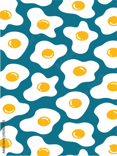 A playful pattern featuring whimsical illustrations of fried eggs against a vibrant blue background. The design creates a fun and cheerful atmosphere, making it a delightful representation of food art