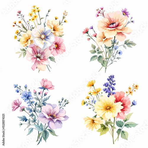 Beautiful watercolor floral set with hand-drawn summer wild field flowers, featuring clip art illustrations