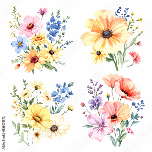Beautiful watercolor floral set with hand-drawn summer wild field flowers, featuring clip art illustrations
