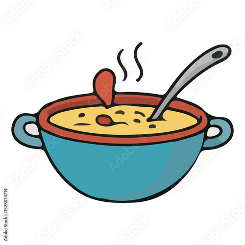 A cartoon drawing of a teal bowl of steaming soup with a spoon, featuring a simple, hand-drawn style.