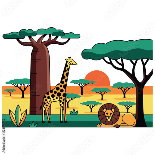 Simple African Safari Landscape with Wild Animals