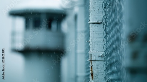 An evocative image highlighting a stark prison structure against a backdrop of rain, conveying feelings of isolation and introspection, symbolizing confinement and resilience.