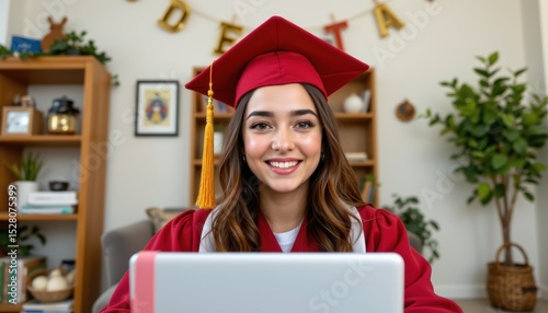Young Woman in Graduation Cap Enjoying Online Learning Experience at Home with Laptop