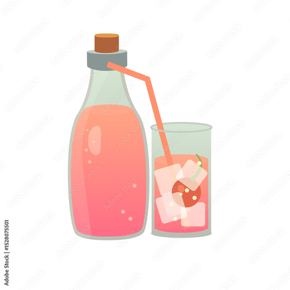Vector Illustration of Glass Bottle and Cup with Pink Cherry Drink, Ice Cubes and Straw Isolated on White Background
