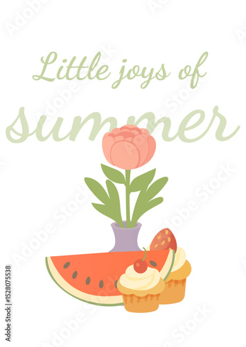 "Little Joys of Summer" Vector Greeting Card with Peony in Vase, Watermelon and Cupcakes