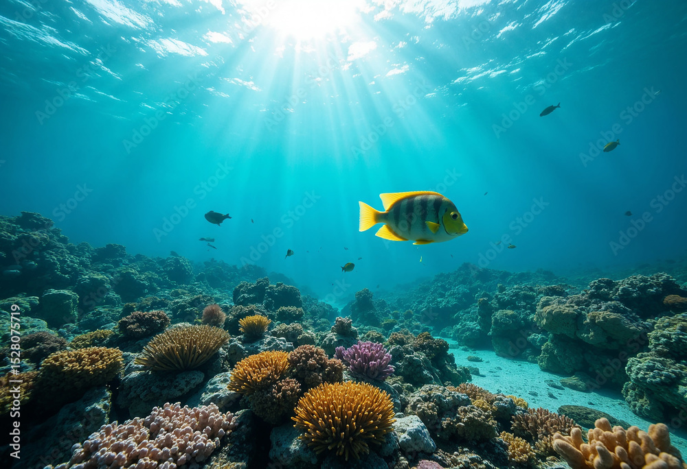 Naklejka premium Vibrant Underwater Scene with Colorful Coral Reefs and Fish Illuminated by Sunlight for Marine Education, Ocean Conservation Websites, and Aquatic Enthusiast Content 