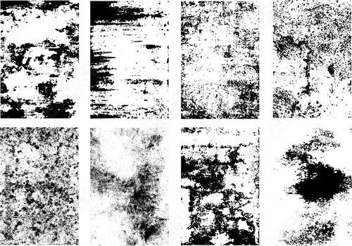 High-quality grunge texture vector pack: 8 unique distressed B&W patterns. Adds worn, vintage, or rough aesthetic to designs, backgrounds, & overlays. Ideal for digital artists, branding, and print.