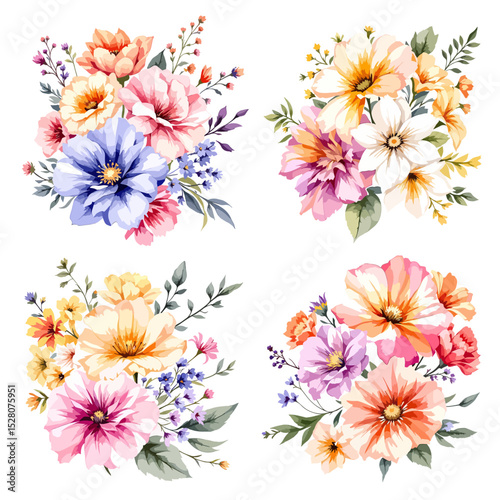 Flowers and leaves digital illustration, spring design, watercolor hand painting. Perfectly for printing, sublimation.