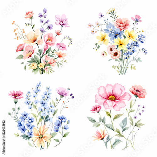 Set of watercolor flowers on white background, Clipart watercolor flowers