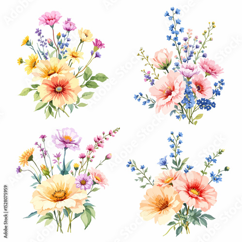 Set of watercolor flowers on white background, Clipart watercolor flowers