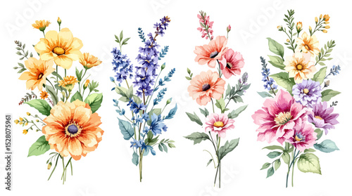Set of watercolor flowers on white background, Clipart watercolor flowers