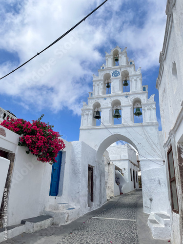 six bells church tower in megalochori greece santorini