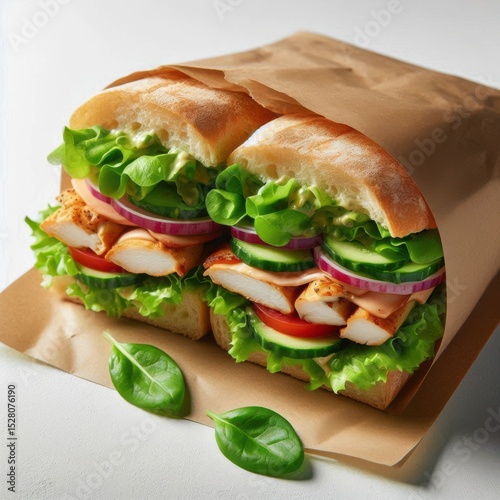 Chicken and salad sandwich in kraft paper isolated on a white background