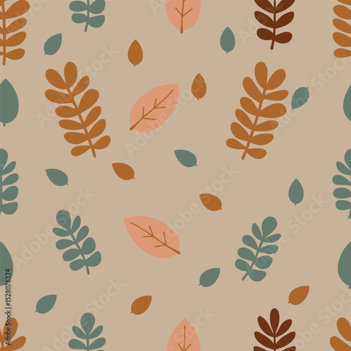 A charming pattern featuring various leaves in warm autumnal colors against a neutral background.
