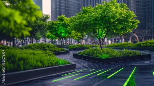 Futuristic urban setting emphasizes green trees and plants integrated into smart city design, promoting sustainability, biodiversity, and renewable energy practices under a clear sky. photo