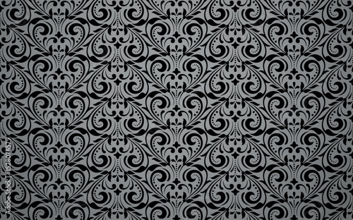 Wallpaper in the style of Baroque. Gray and black floral ornament. Seamless vector background. Graphic pattern for fabric, wallpaper, packaging. Ornate Damask flower illustration
