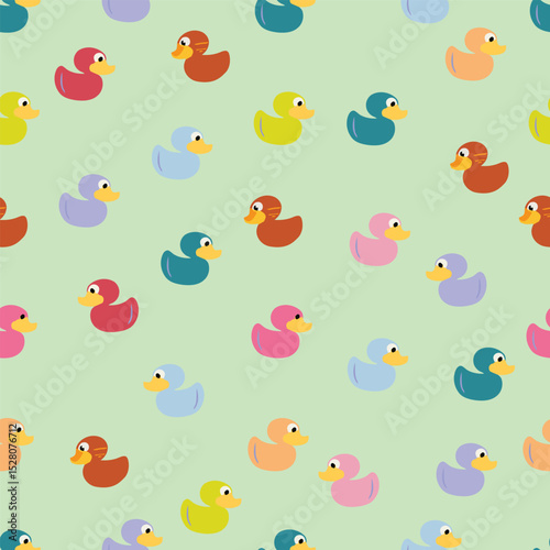 A playful pattern featuring colorful rubber ducks against a soft green background. The design evokes a sense of fun and nostalgia, making it perfect for children's decor or playful projects.