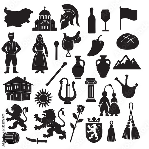 Iconic black silhouette illustrations representing bulgarian culture and traditional symbols