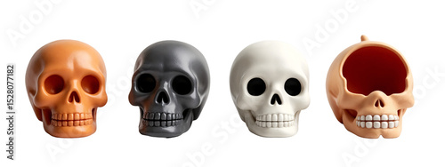 A set of three different colored skulls