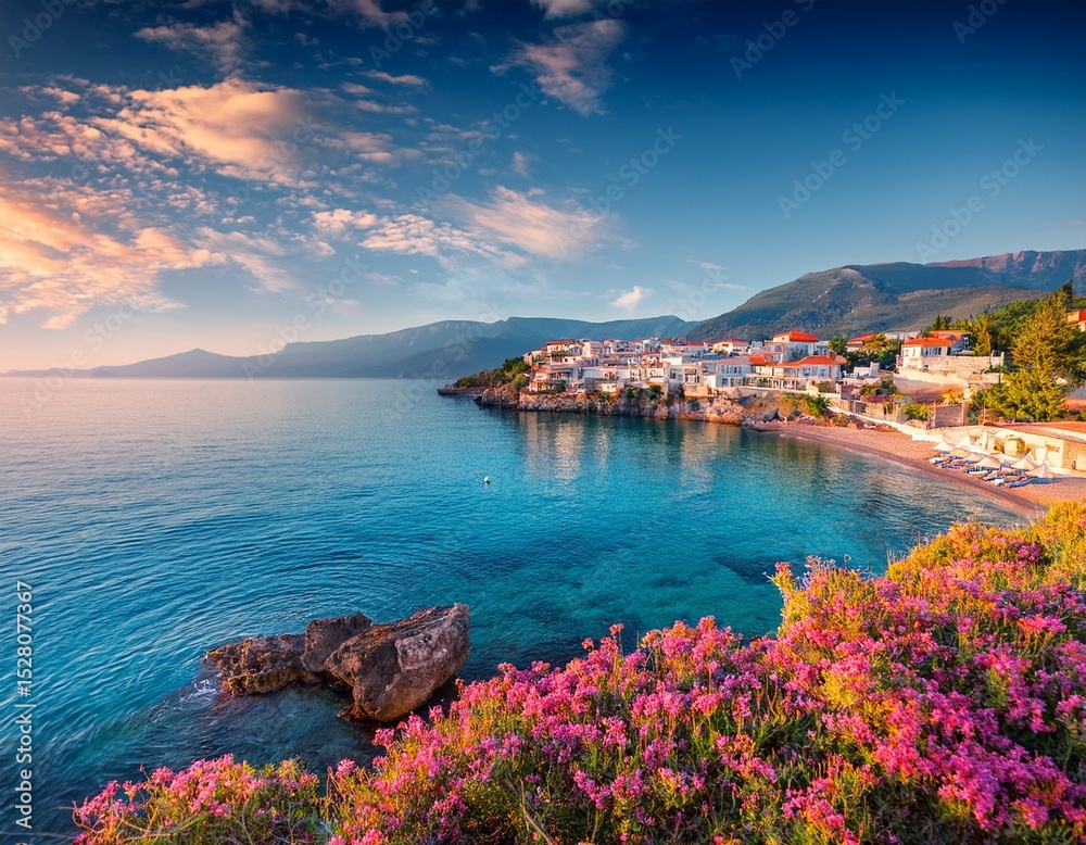 Fototapeta premium colorful view of paralia kakis thalassis village fantastic summer seascape of aegean sea marvelous morning scene of the greece europe beauty of nature concept background