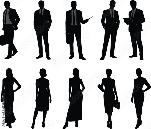 Silhouette Illustration of Business Professionals in Various Poses, Vector Art