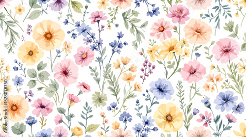 Delicate colorful watercolor flowers on a light background. Pattern flowers.	