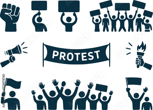 Protest and Solidarity Symbol  Raised Fist Signs and Crowd Vector