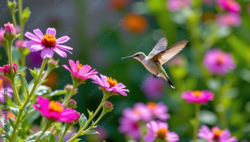 Fototapeta premium Hummingbird Hovering Over Colorful Flowers in a Vibrant Garden During Springtime