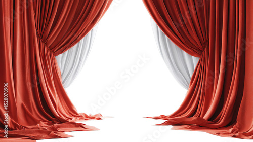 Red velvet stage curtains open, revealing a dark stage.