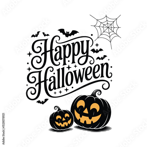 Festive happy halloween illustration featuring jack o lantern pumpkins bats and spiderweb decoration